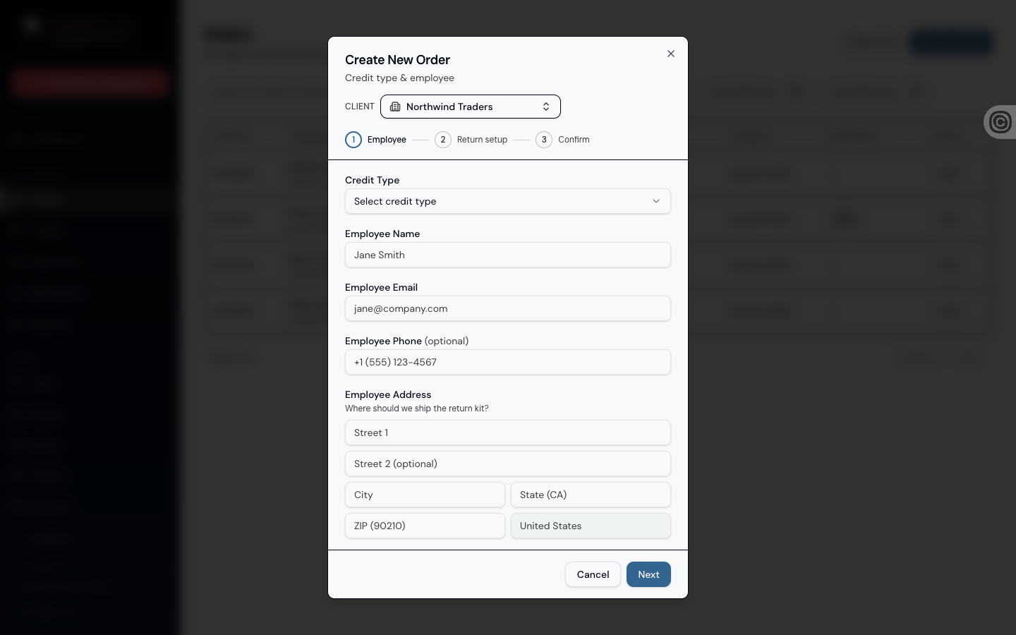 The Create New Order dialog: choose a credit type, enter the employee's name, email and address.