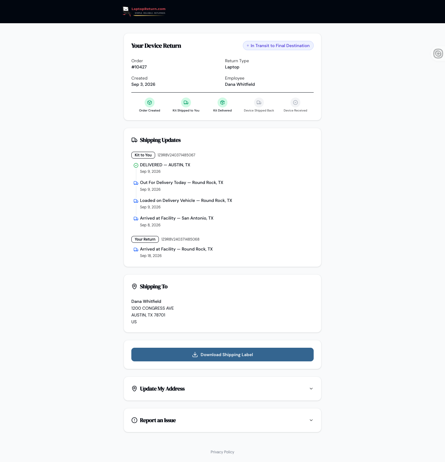 The page your employee opens: return status, live shipping updates, step-by-step return instructions, and buttons to confirm shipment, update their address or report an issue.
